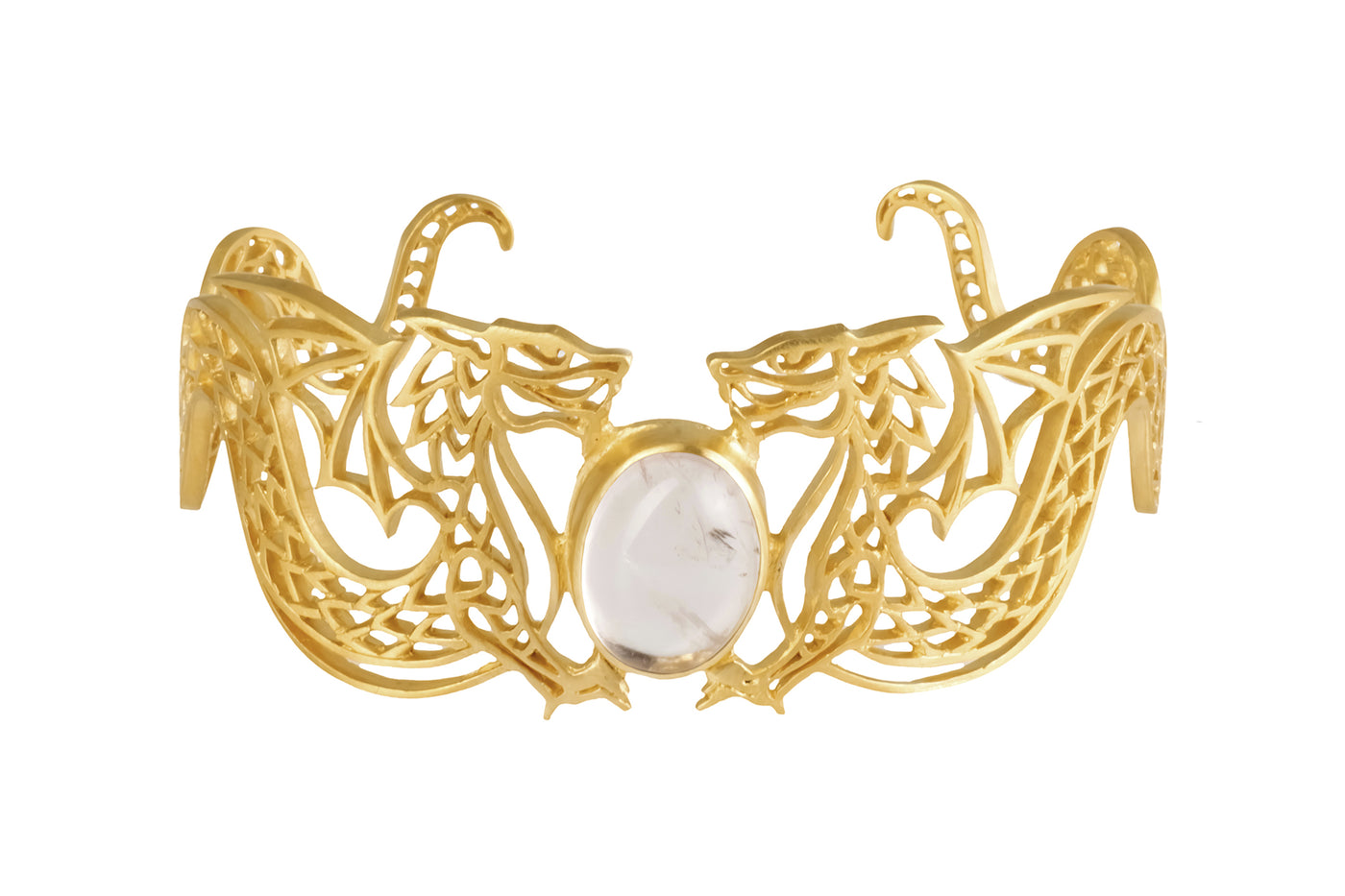 Dragons bracelet with rose quartz. Silver, gold-plated