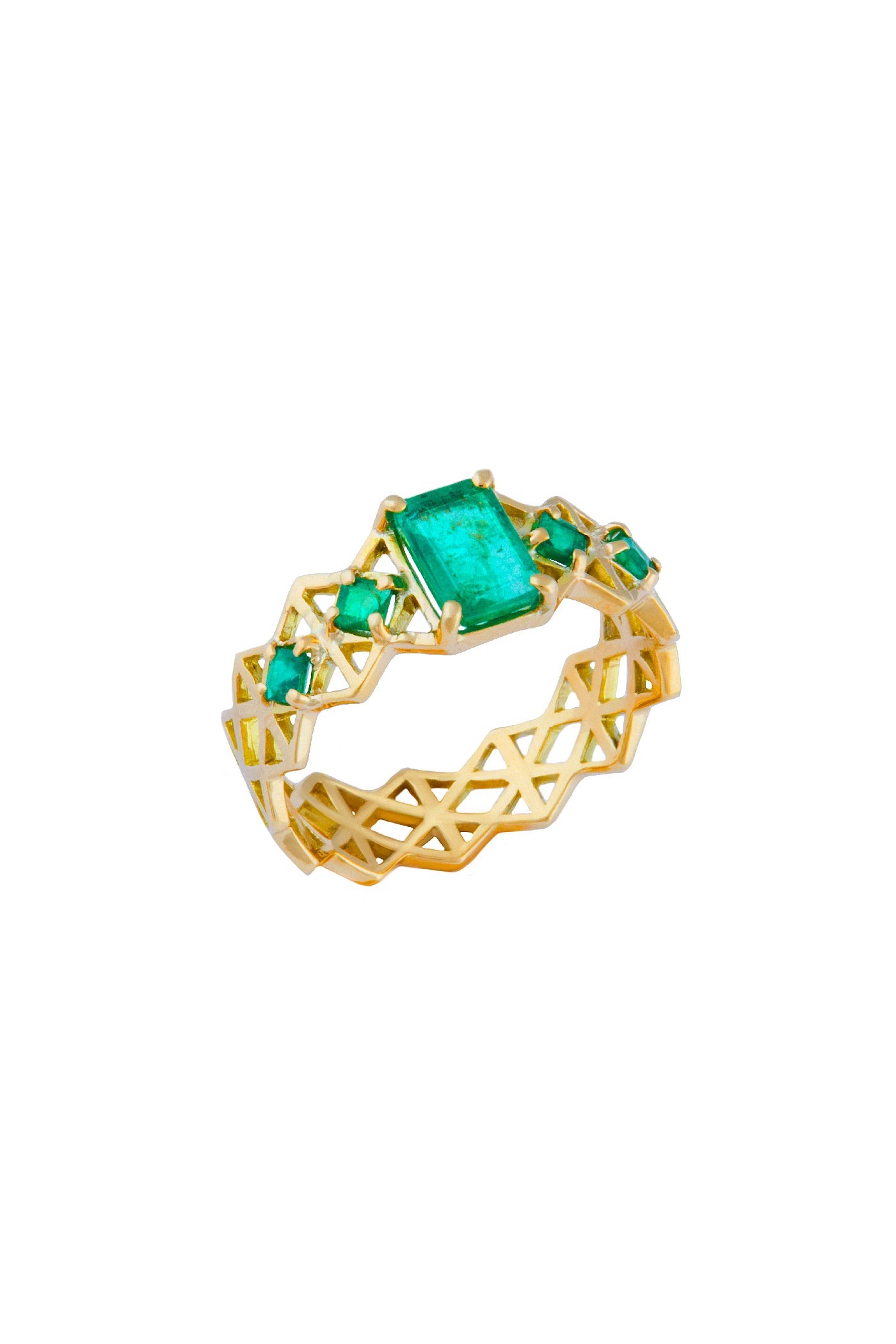 Solid Gold Life force ring with central emerald stone