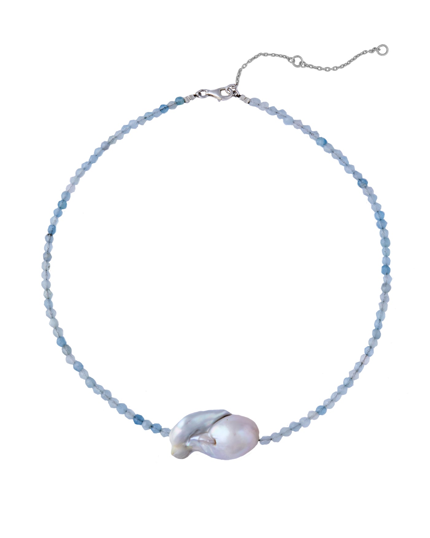 Big baroque pearl on aquamarine beads choker. Silver