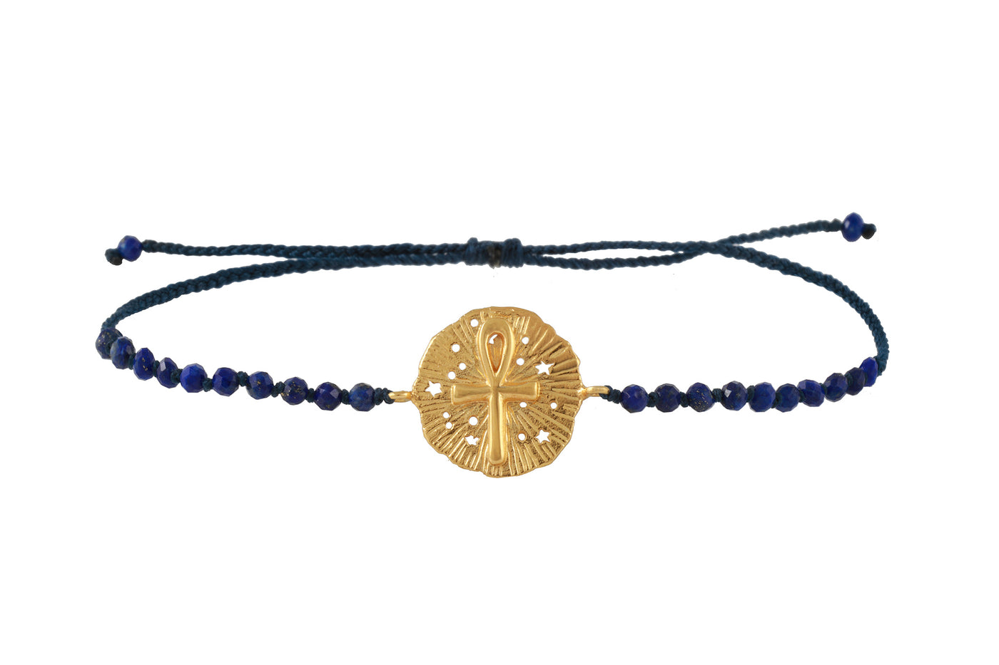Ankh medallion amulet bracelet with beads. Gold plated
