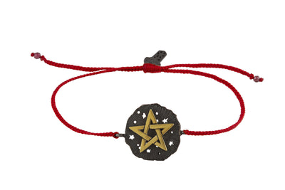String bracelet with Pentagram medallion talisman. Gold plated and oxide