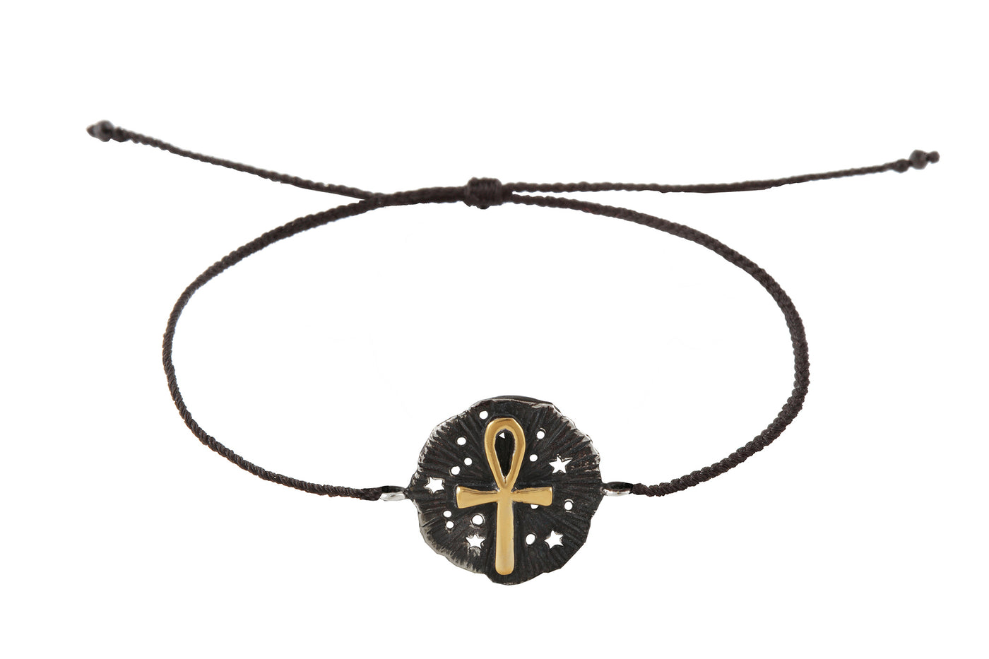 String bracelet with Ankh medallion amulet. Gold plated and oxide