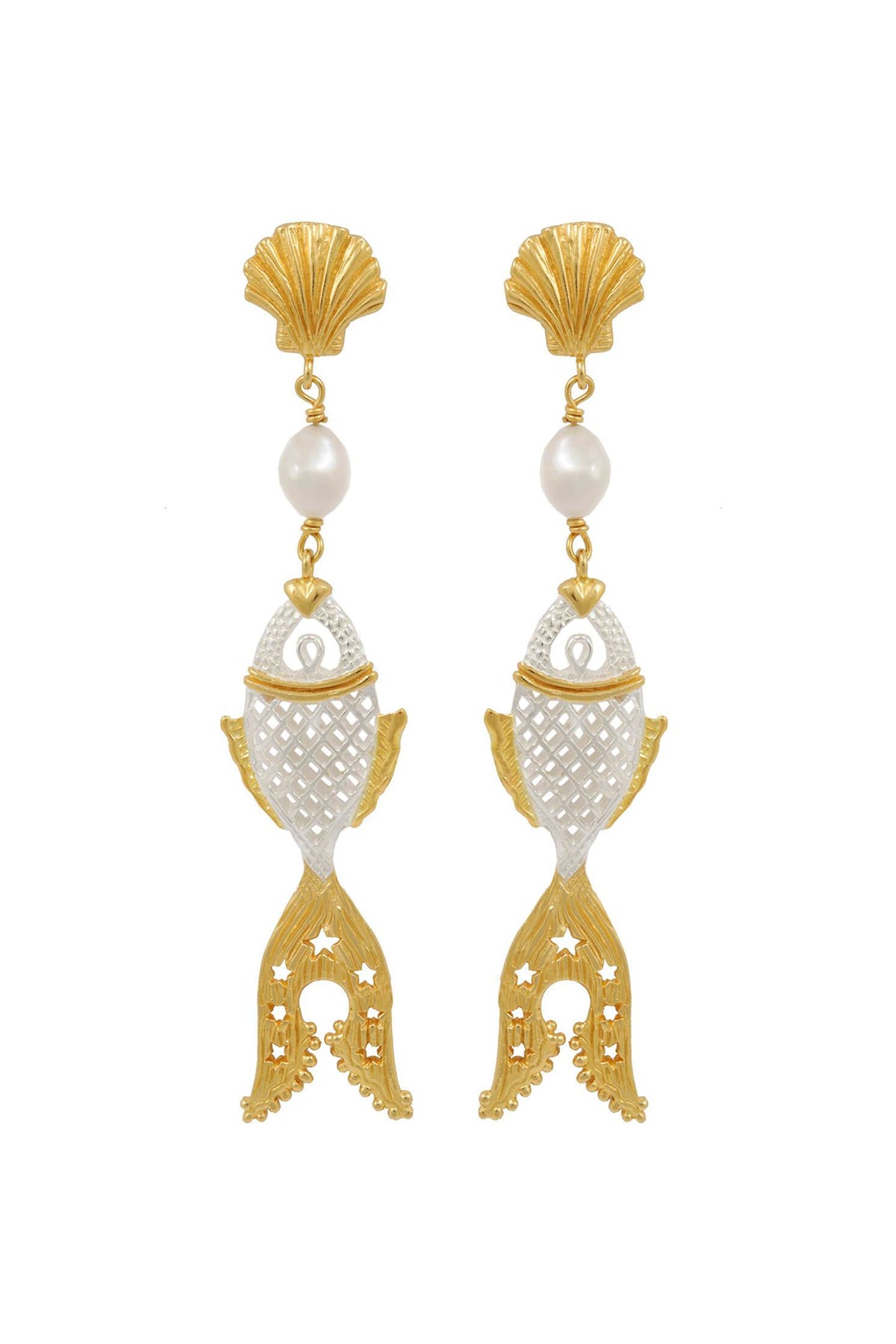 Golden fish with clam and pearl earrings. Silver, partly gold-plated
