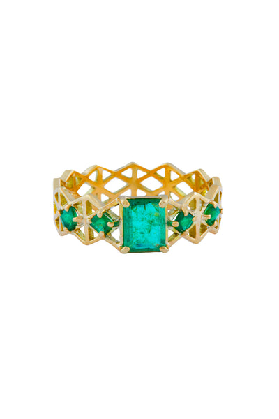 Solid Gold Life force ring with central emerald stone