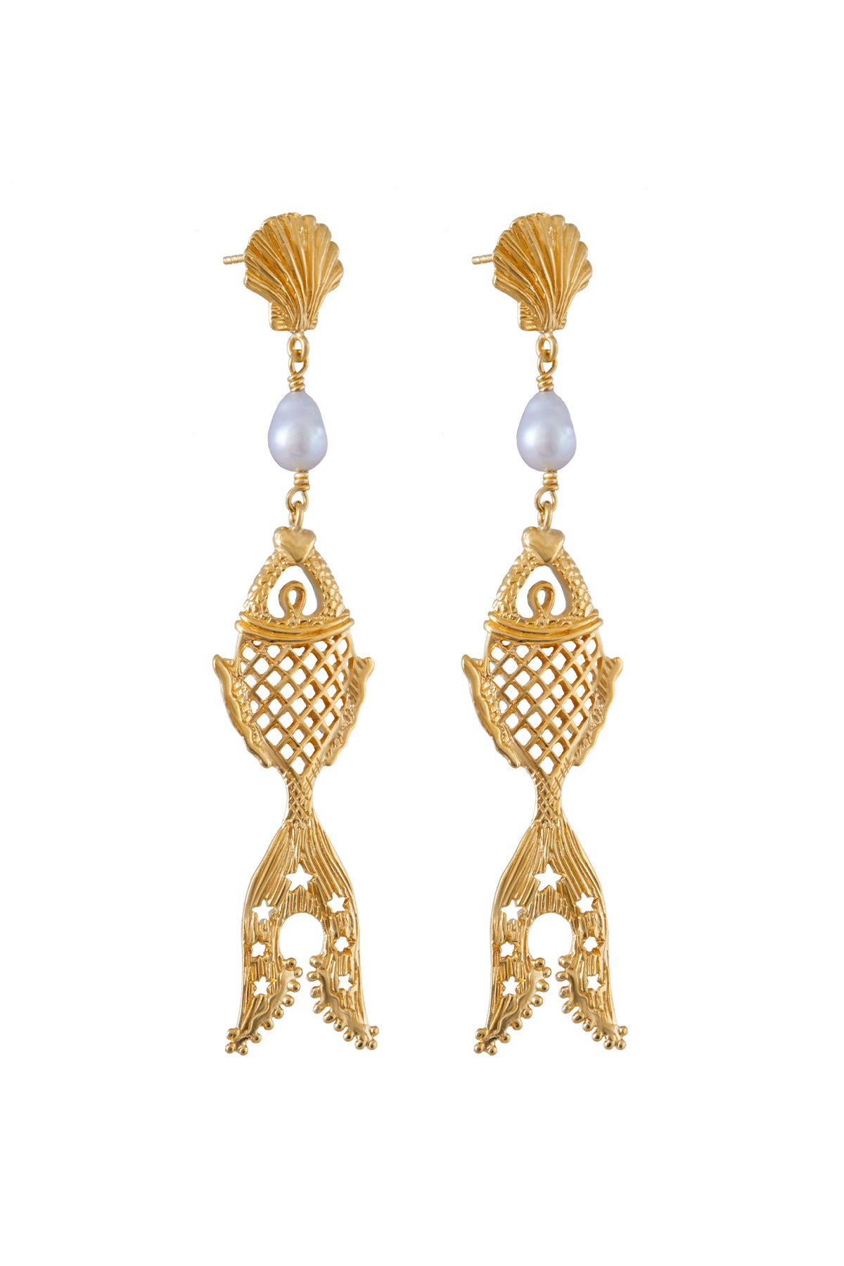 Golden fish with clam and pearl earrings. Silver, gold-plated