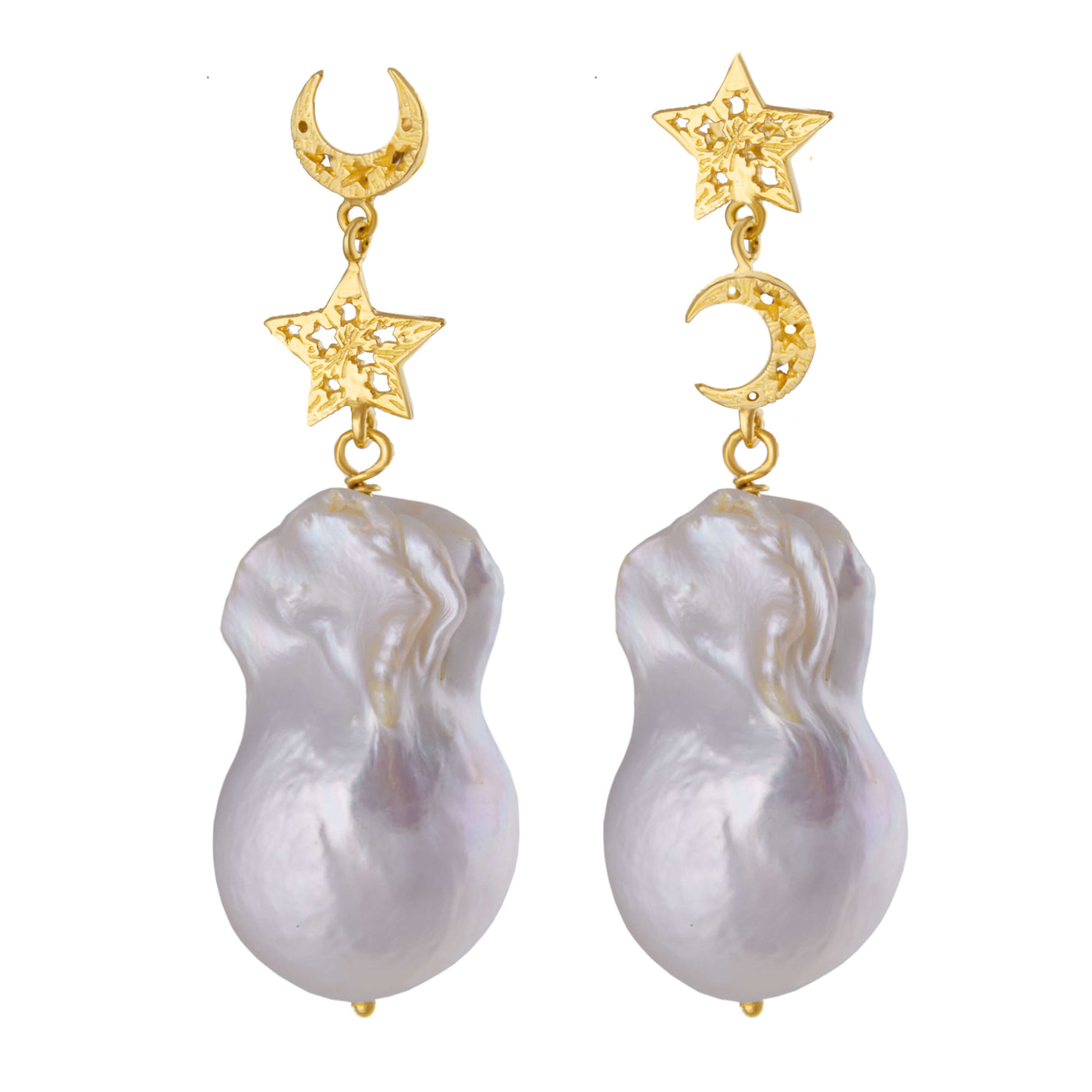Moon and Star with baroque pearl earrings. Silver, gold-plated
