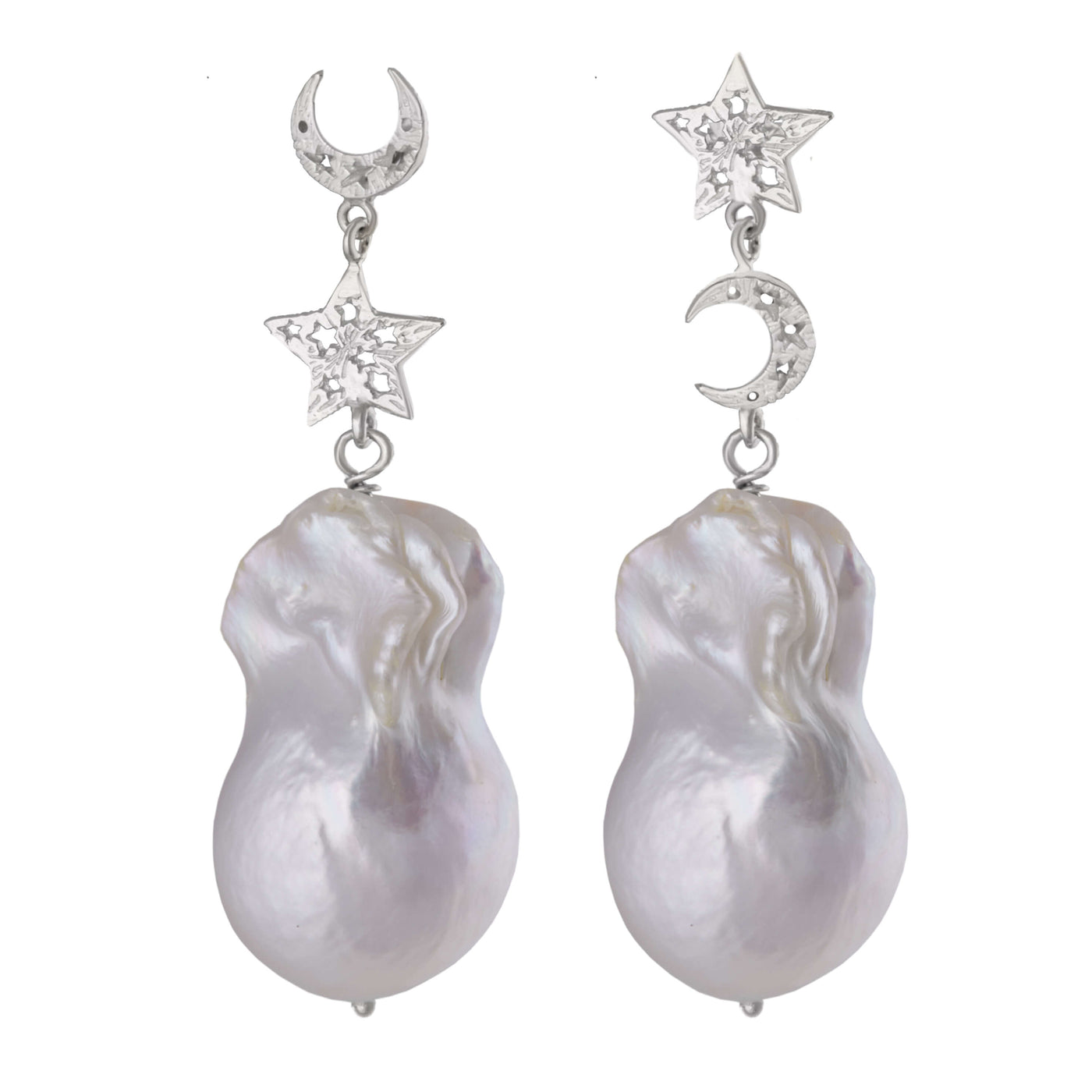 Moon and Star with baroque pearl earrings. Silver