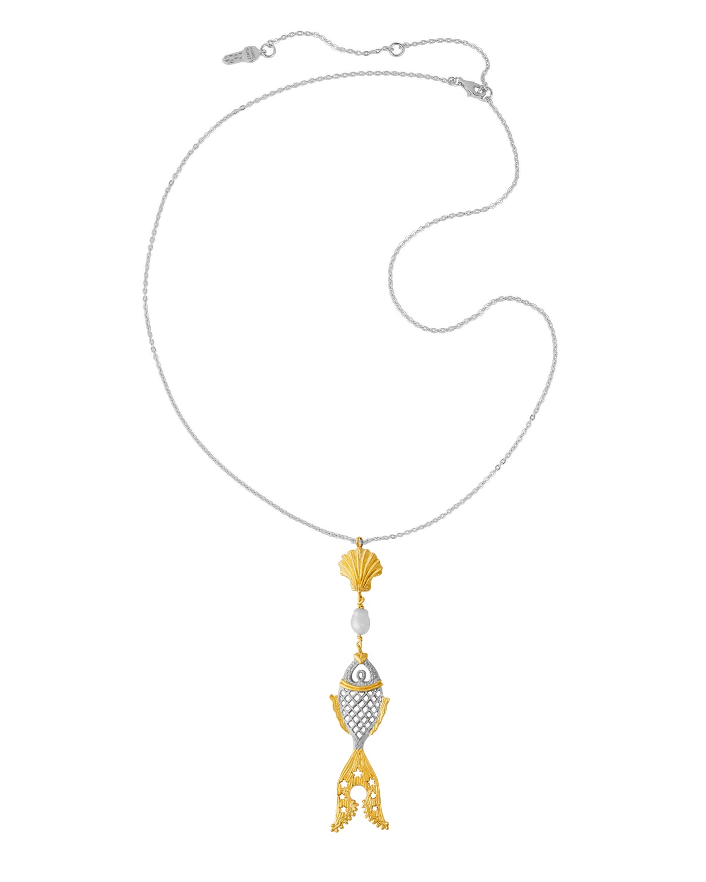 Golden fish with clam and pearl necklace. Silver, partly gold-plated