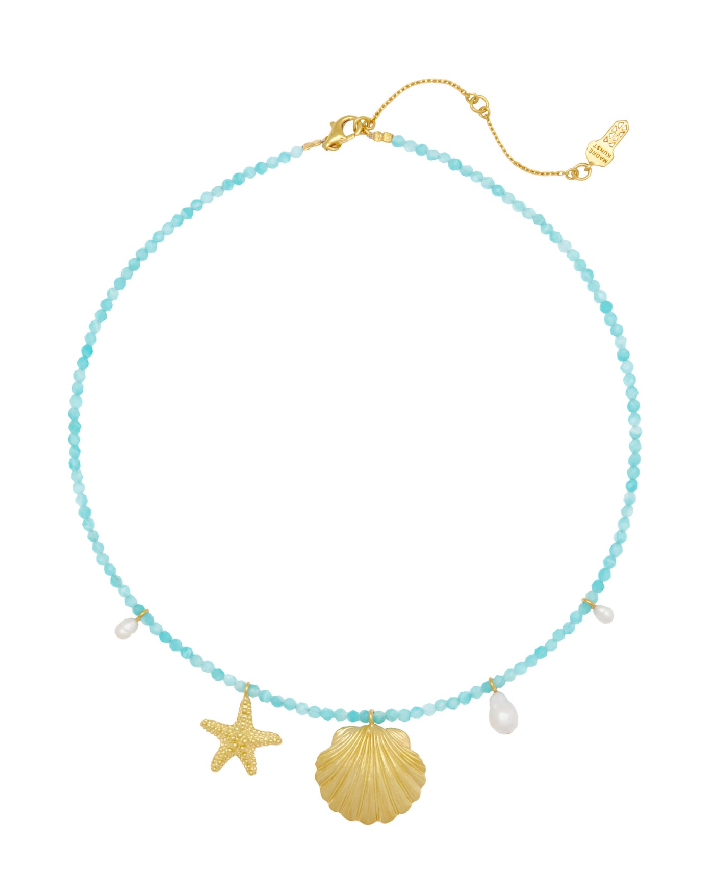 Clam shell with sea Star and pearls aquamarine choker. Silver, gold-plated