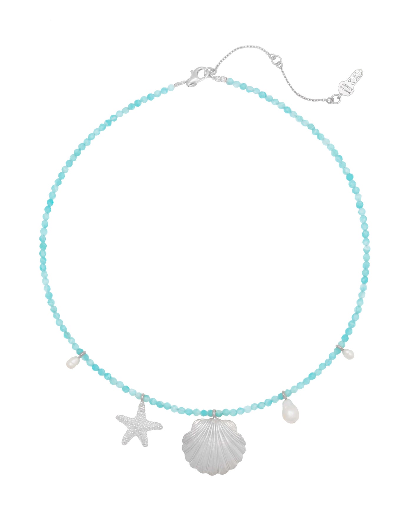 Clam shell with sea Star and pearls aquamarine choker. Silver