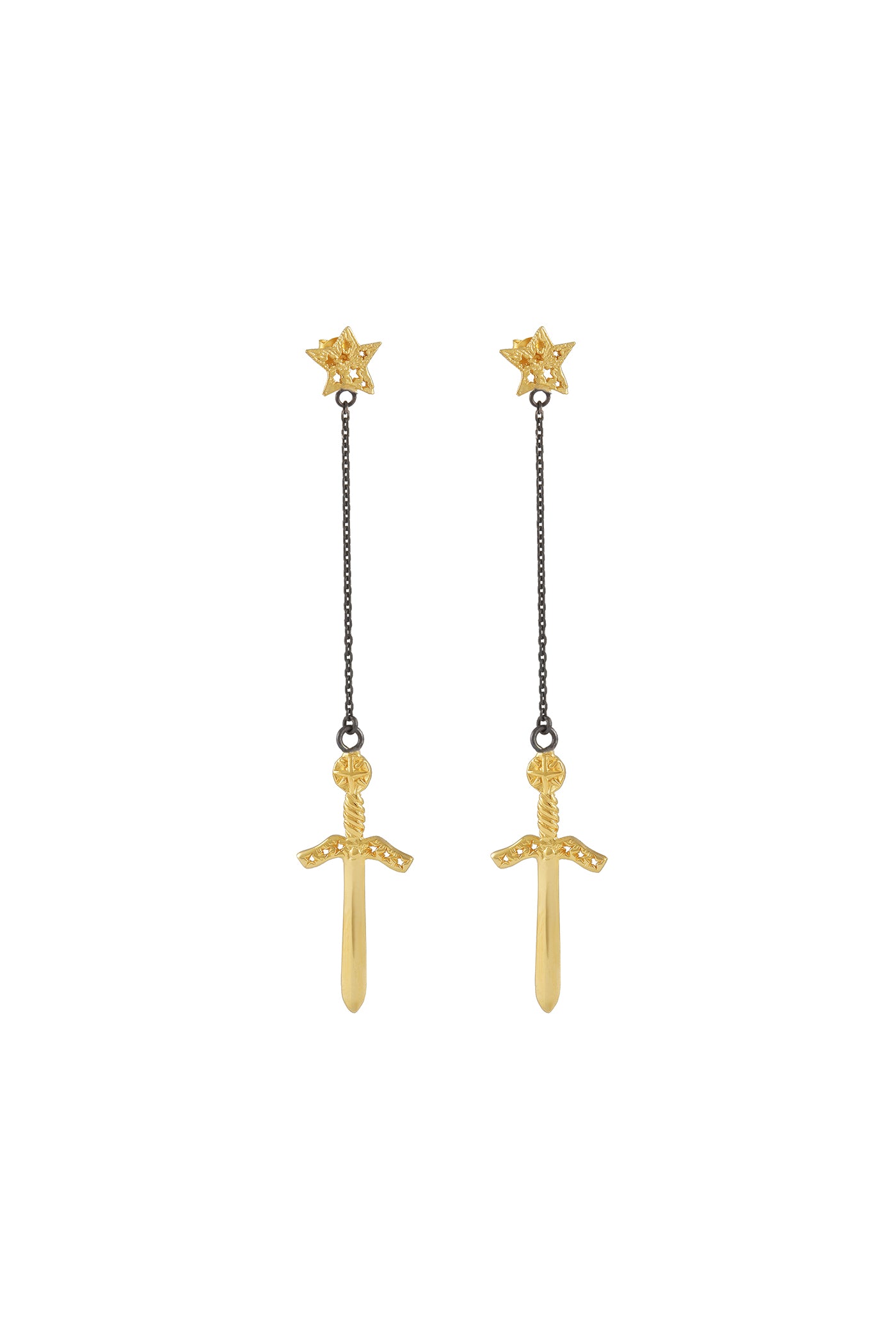 Magic knife star earrings  on the chain  8 cm. Silver, gold plated and oxide