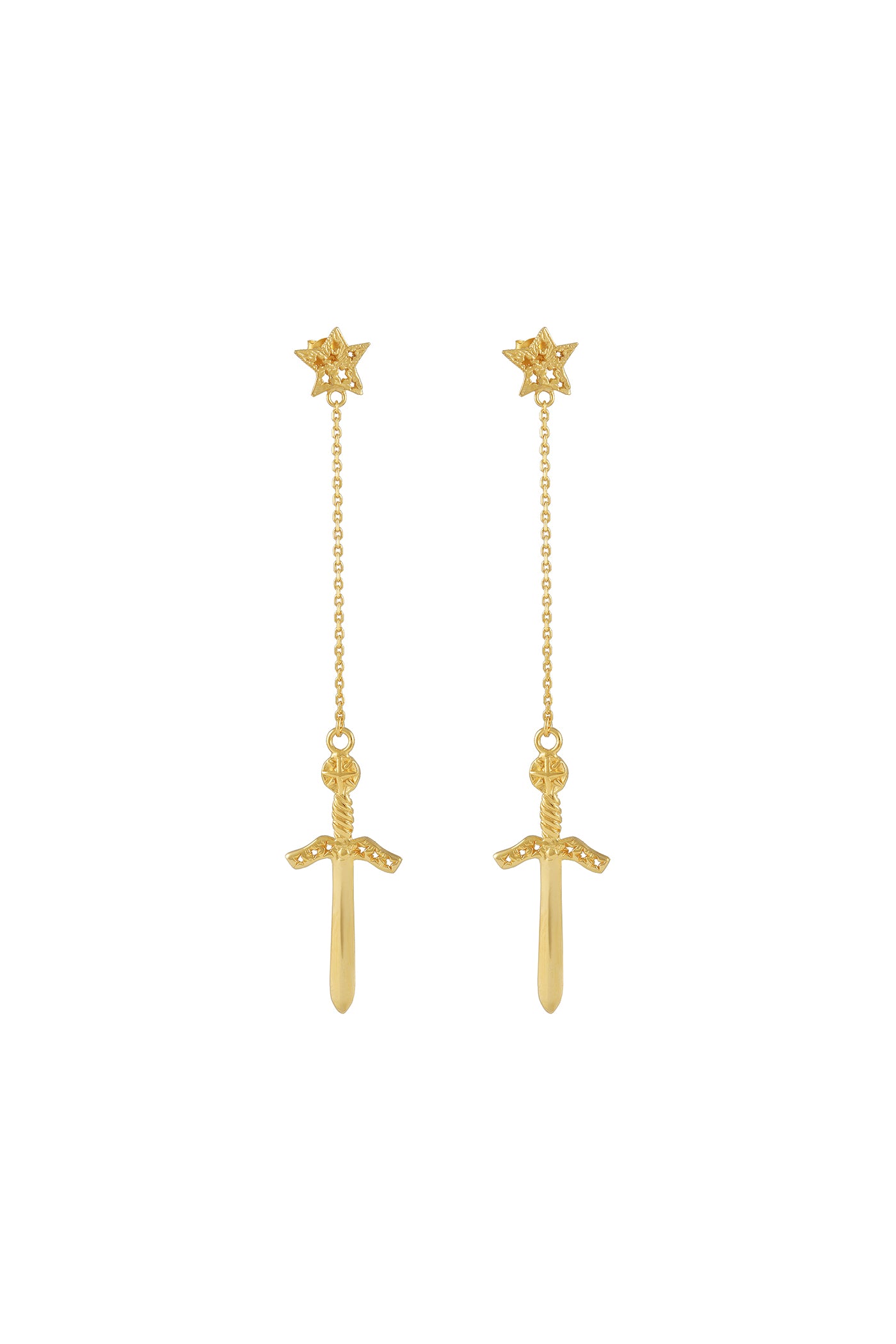 Magic knife star earrings  on the chain 8 cm. Silver, gold plated