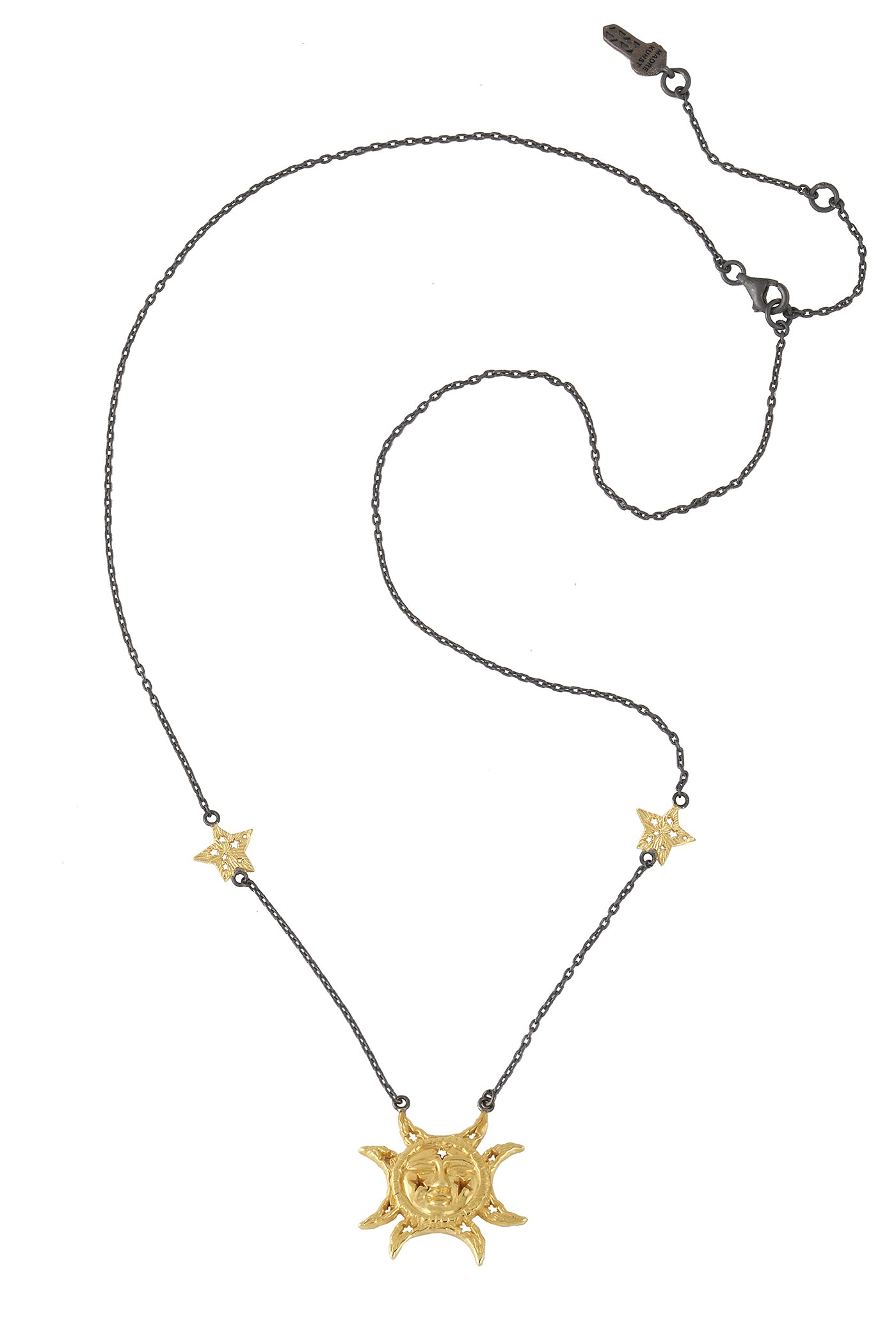 Magic Moon face with 2 stars on the chain necklace. Silver, gold-plated, oxidized
