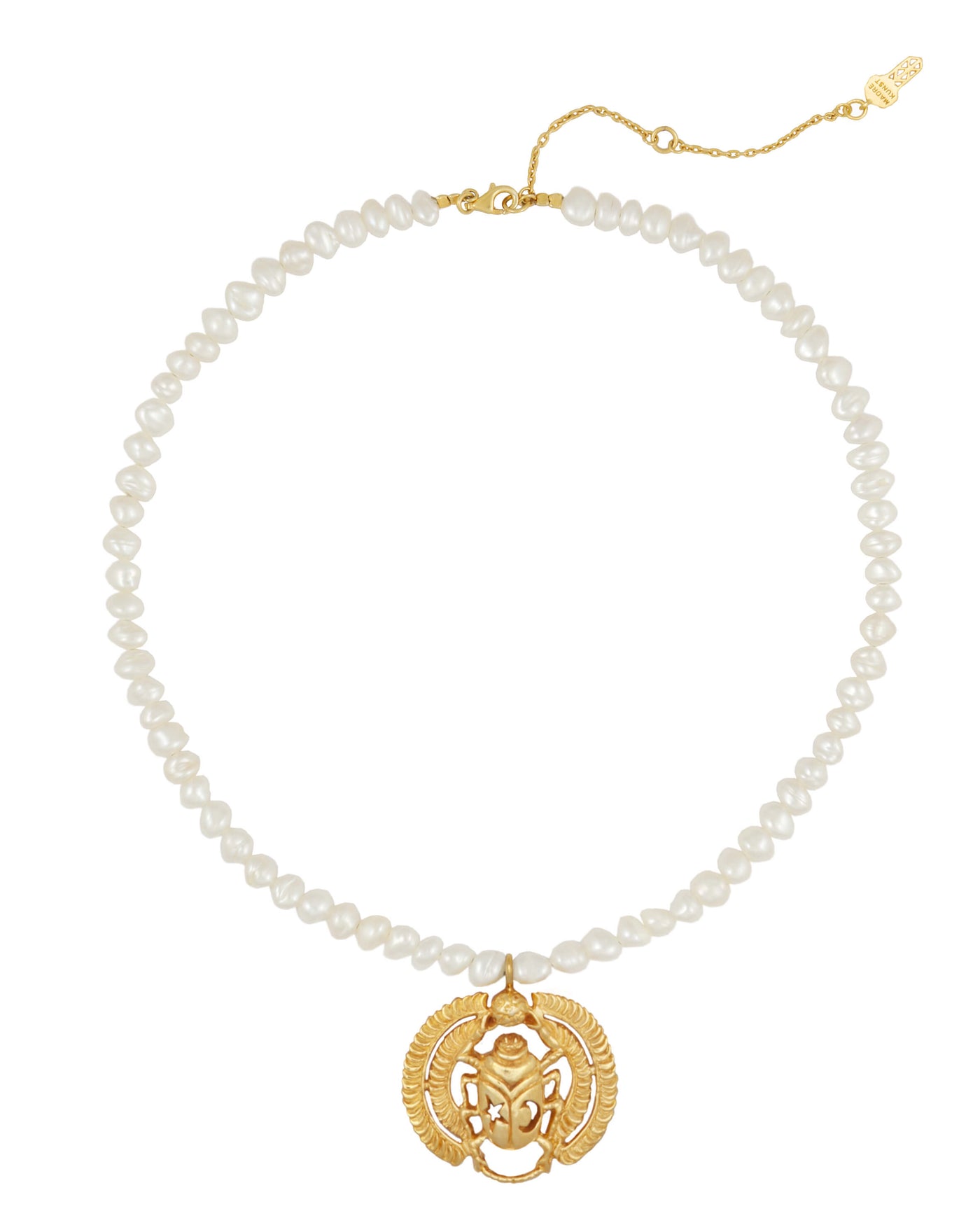 Scarab pearl choker. Silver, gold-plated