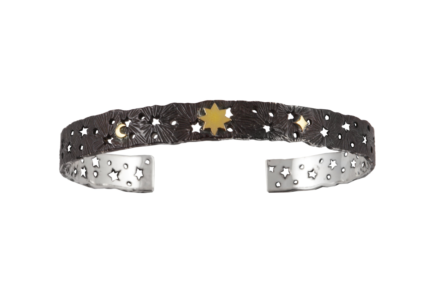 Cosmic lace silver cuff with 8-pointed star, small star and moon