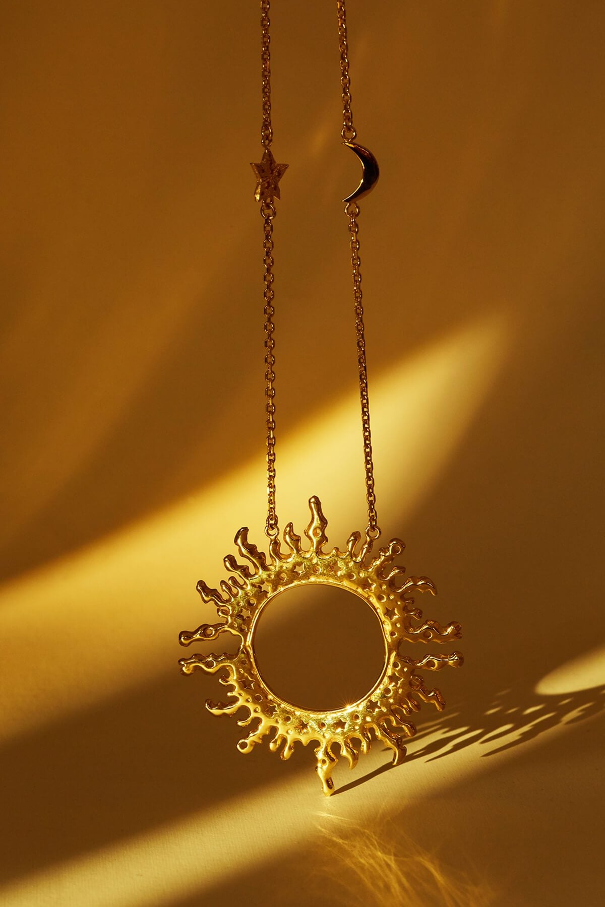 Solid gold sun with star and moon on the chain necklace