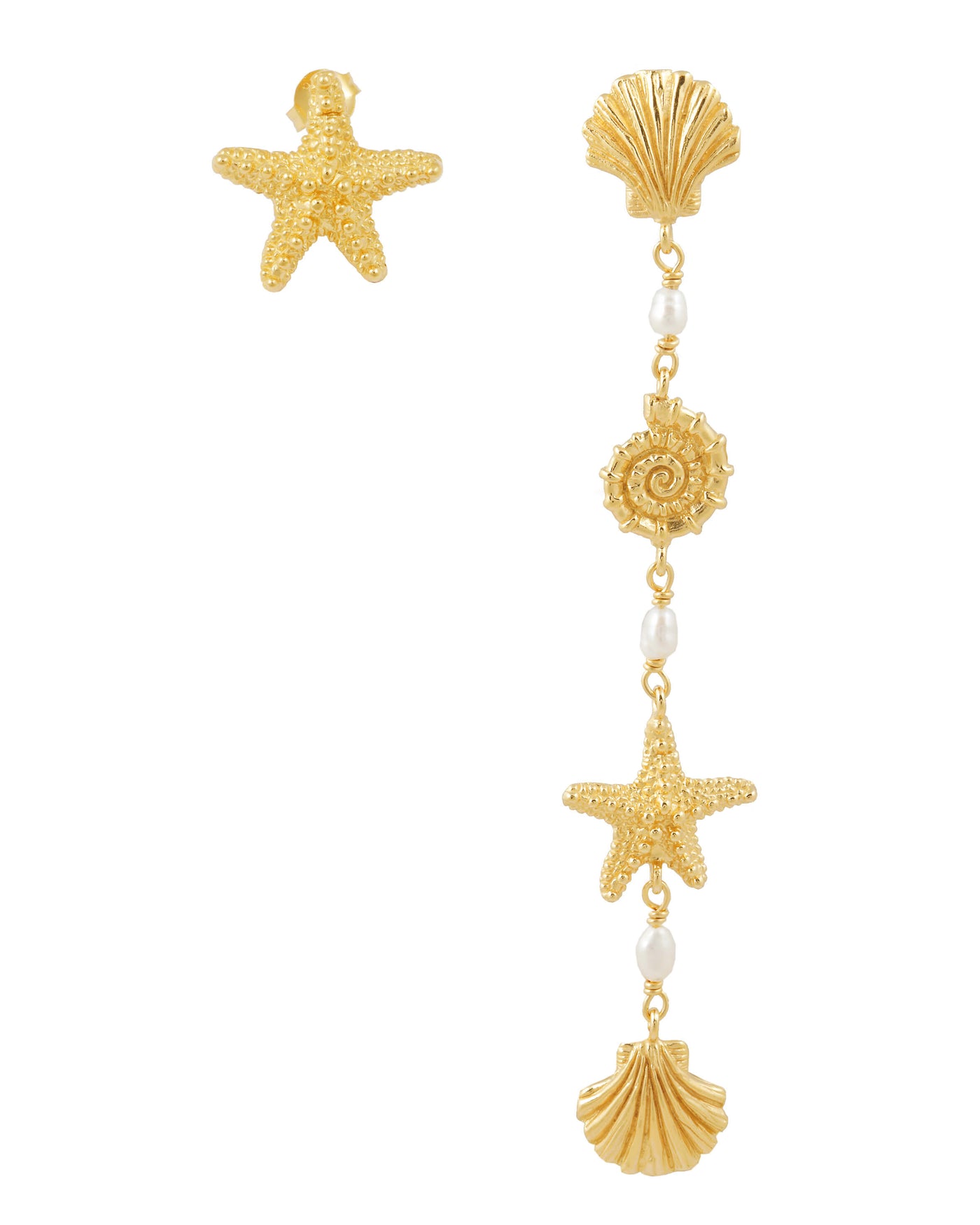 Sea star and shell with pearl asymmetric earrings. Silver, gold-plated