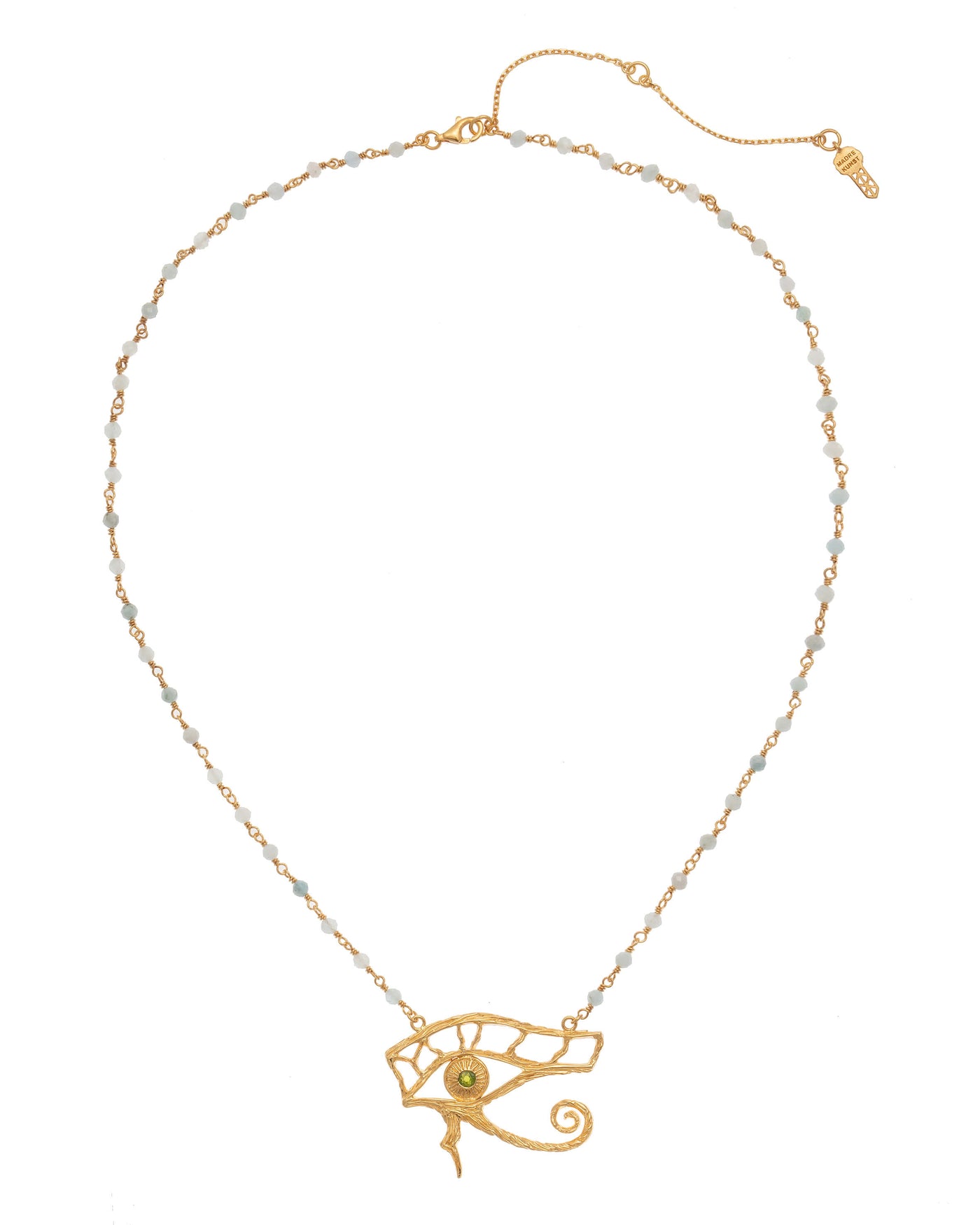 Eye of Horus handmade necklace with silver wire and natural stone beads. Silver, gold-plated