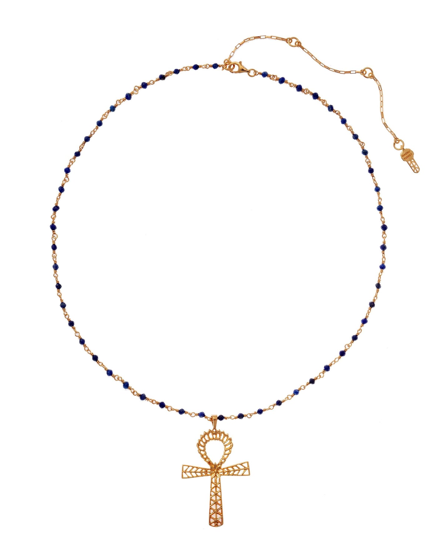 Ankh handmade necklace with silver wire and natural stone beads. Silver, gold-plated
