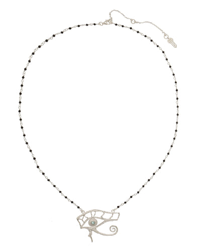 Eye of Horus handmade necklace with silver wire and natural stone beads. Silver