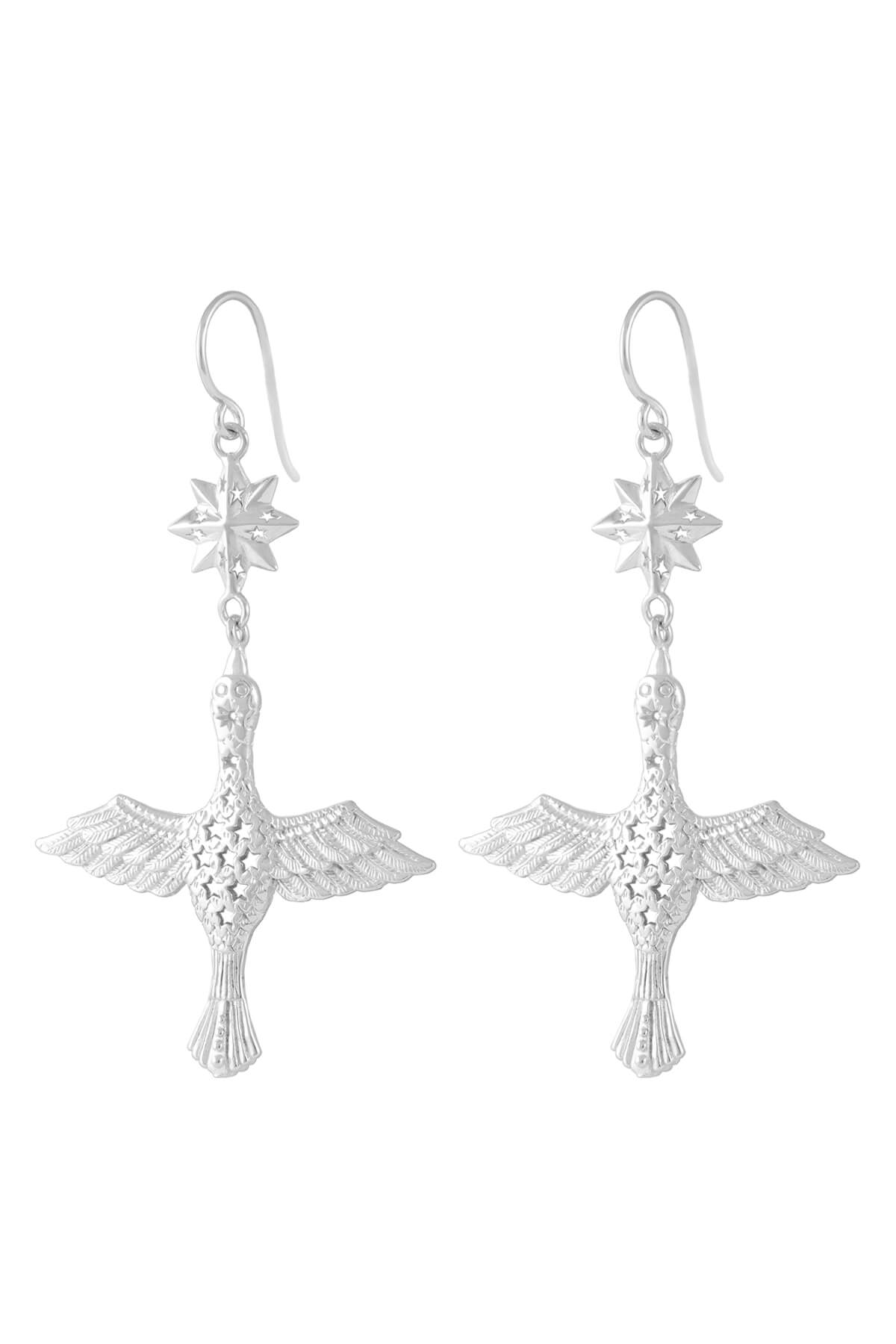 Fairy bird and 8-pointed star earrings. Silver