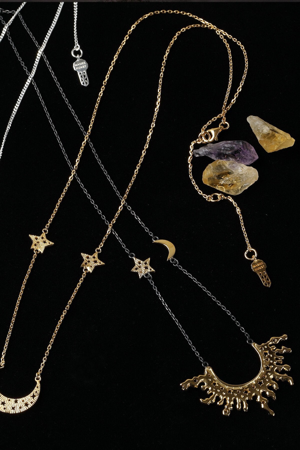 Half Sun with Star and Moon on the chain necklace. Silver, gold-plated, oxidized