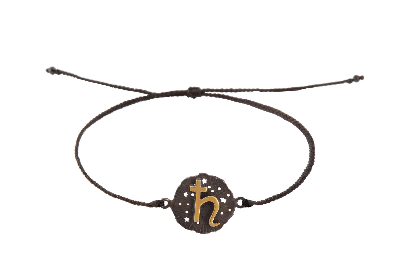 String bracelet with Saturn medallion amulet. Gold plated and oxide