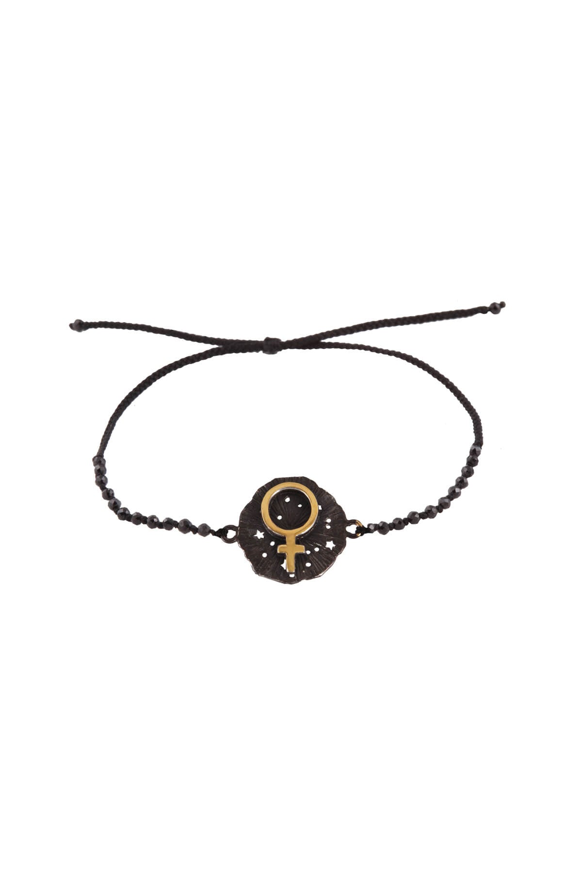 Venus medallion bracelet with semiprecious stone beads. Silver, gold-plated, oxidized