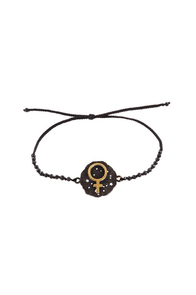 Venus medallion bracelet with semiprecious stone beads. Silver, gold-plated, oxidized