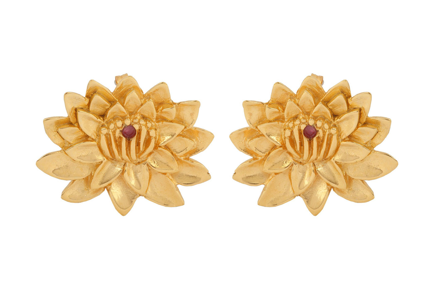 Earrings "Lotus with ruby". Gold plated silver