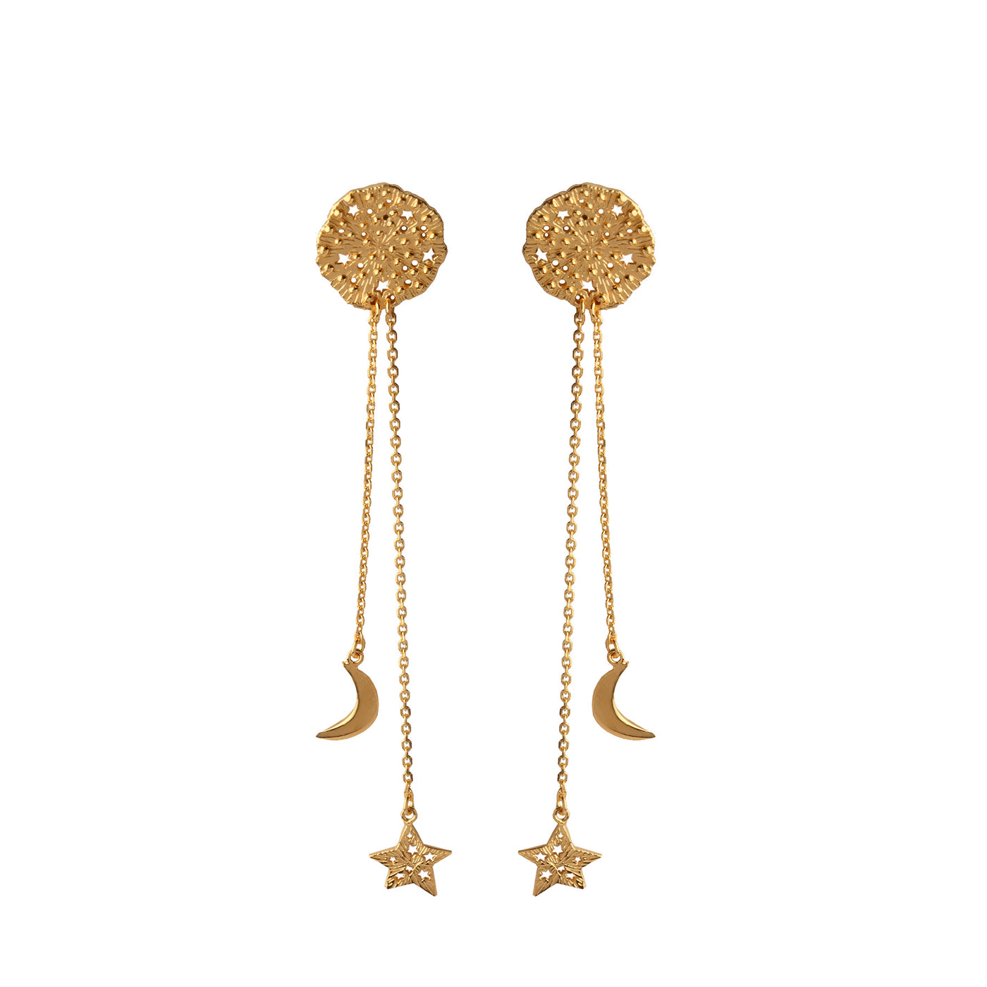 Cosmic medallion with Star and Moon on the chain earrings. Silver, gold-plated