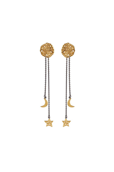 Cosmic medallion with Star and Moon on the chain earrings. Silver, gold-plated, oxidized