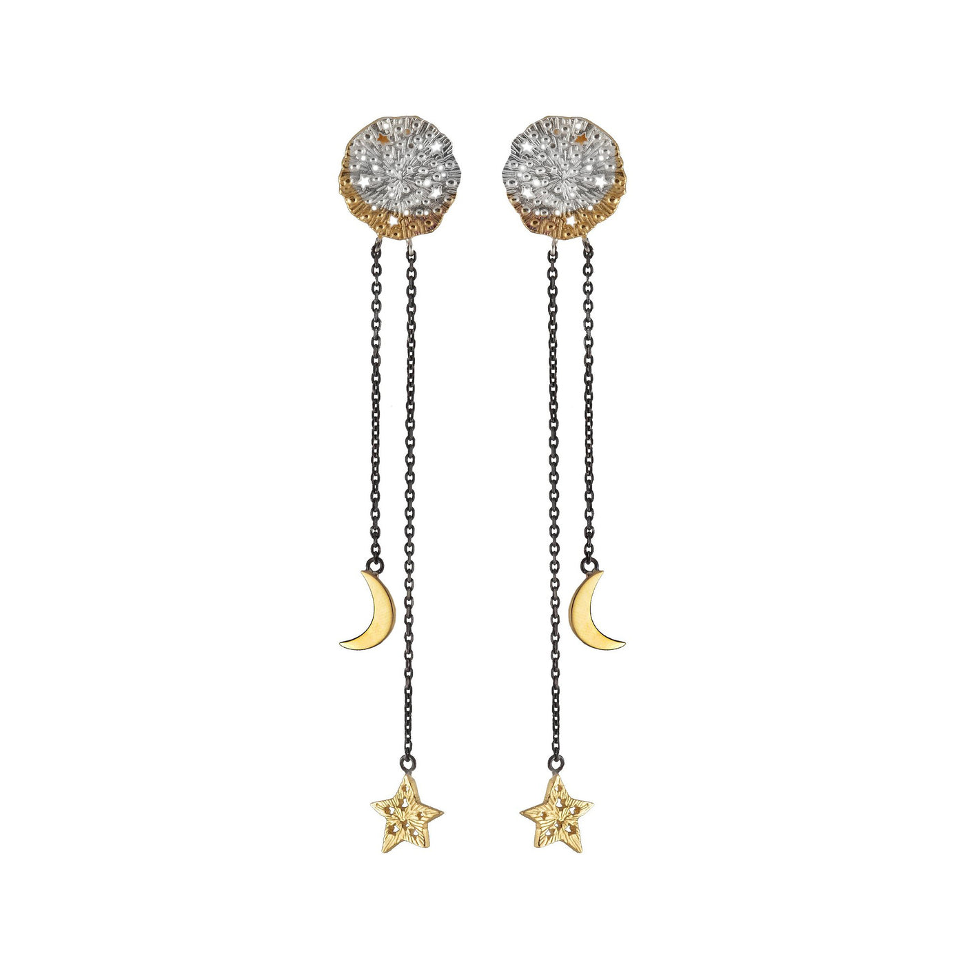 Cosmic medallion with Star and Moon on the chain earrings. Silver, partly gold-plated