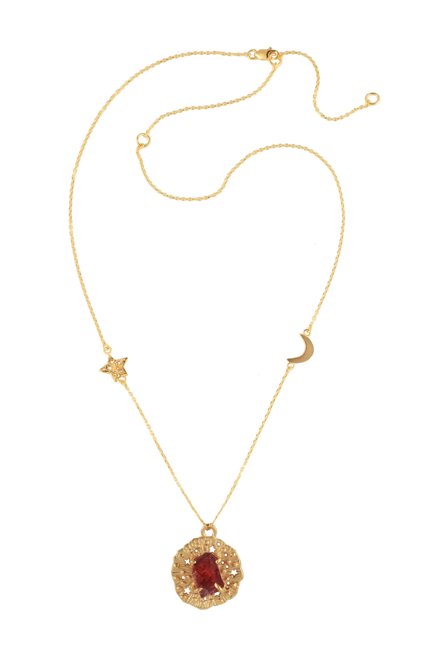 Solid Gold Chain Necklace with Small Runic Pendant and Rough Stone, Star and Moon, 46 cm