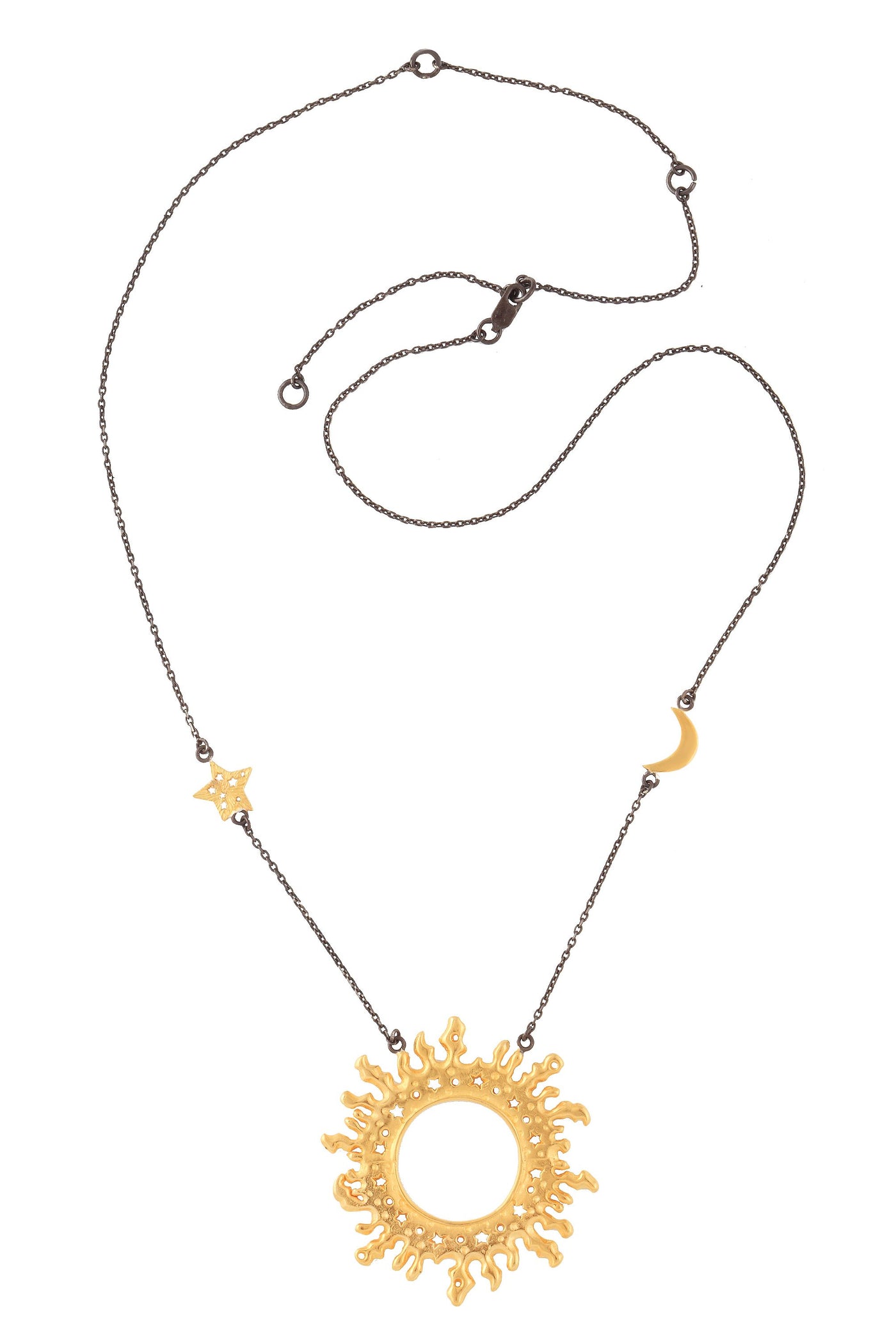 Sun with star and moon on the chain necklace. Silver, gold-plated, oxidized