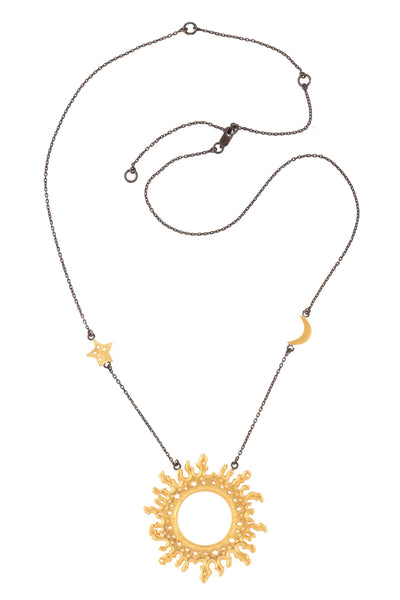 Sun with star and moon on the chain necklace. Silver, gold-plated, oxidized
