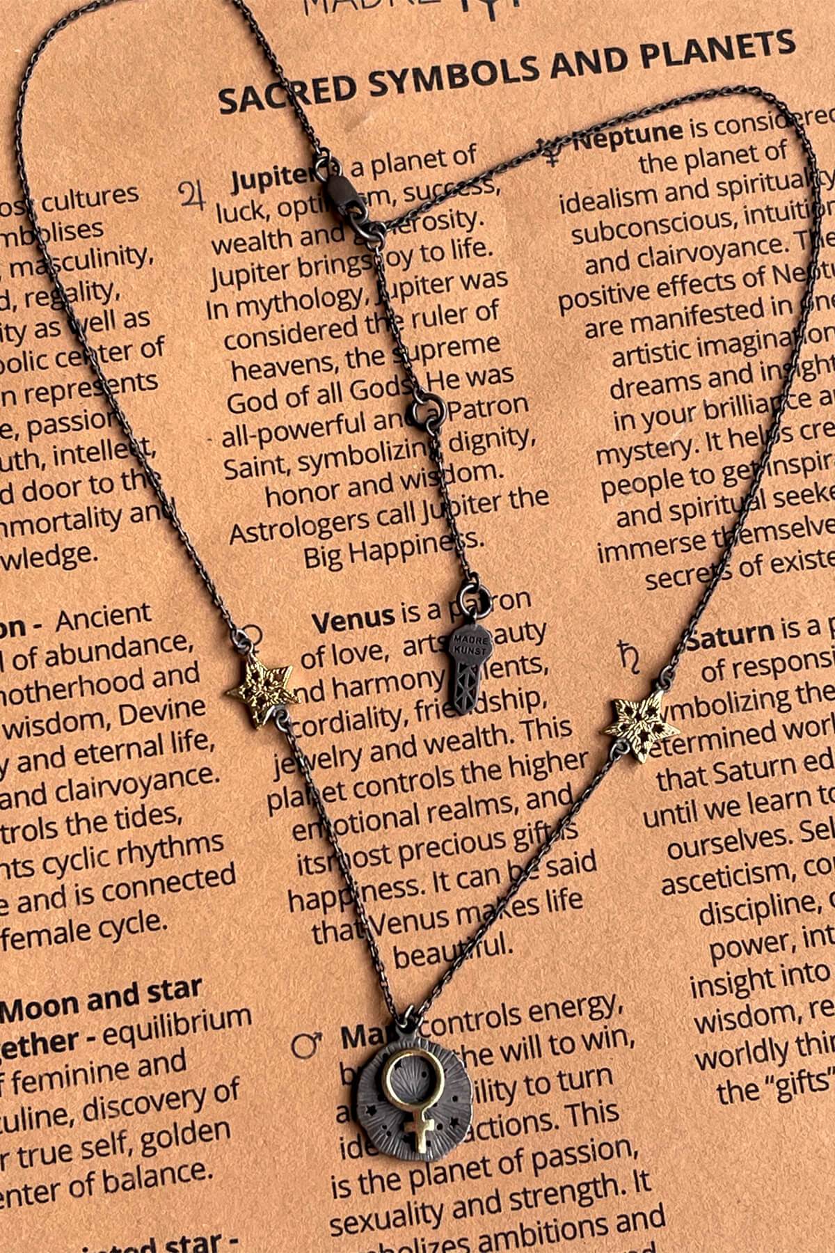 Venus with 2 stars on the chain necklace. 46 cm. Silver, gold-plated, oxidized