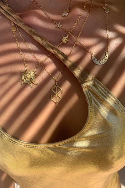 Solid Gold Moon swing with 2 stars on the chain necklace