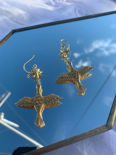 Fairy bird and 8-pointed star earrings. Silver, gold-plated