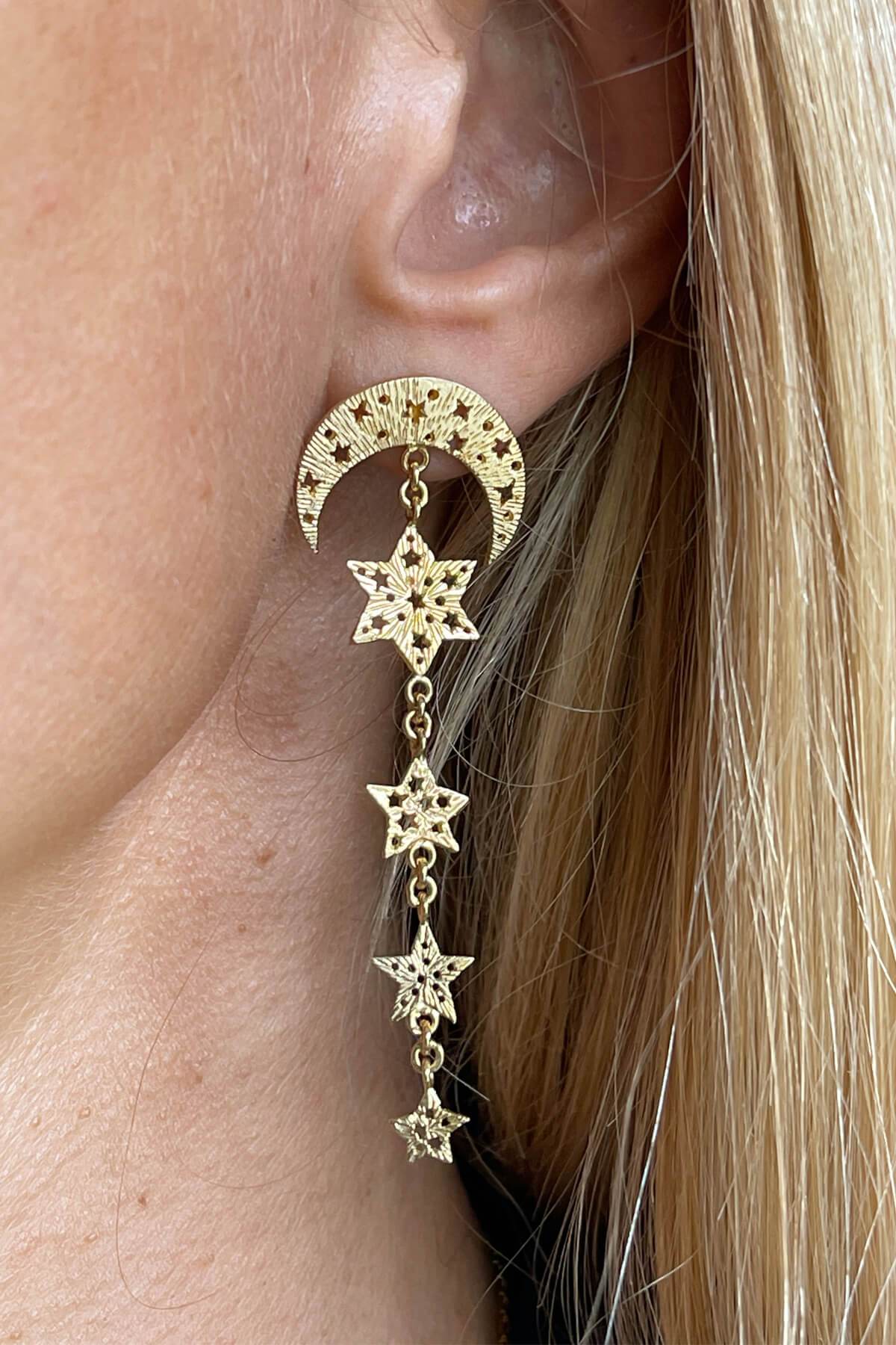 Moon and 4 Stars Earrings. Silver, gold-plated