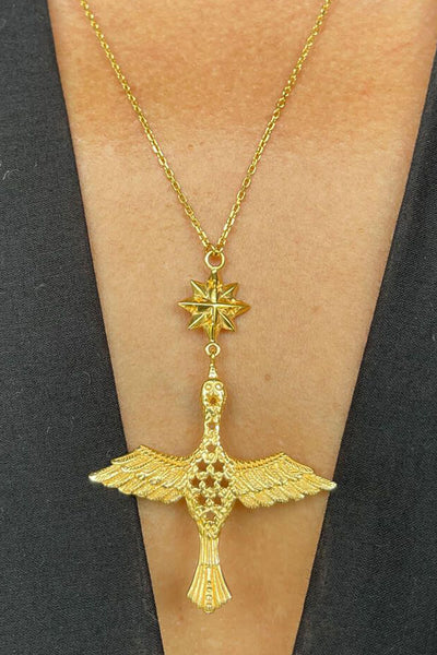 Fairy bird and 8-pointed star necklace. Silver, partly gold-plated