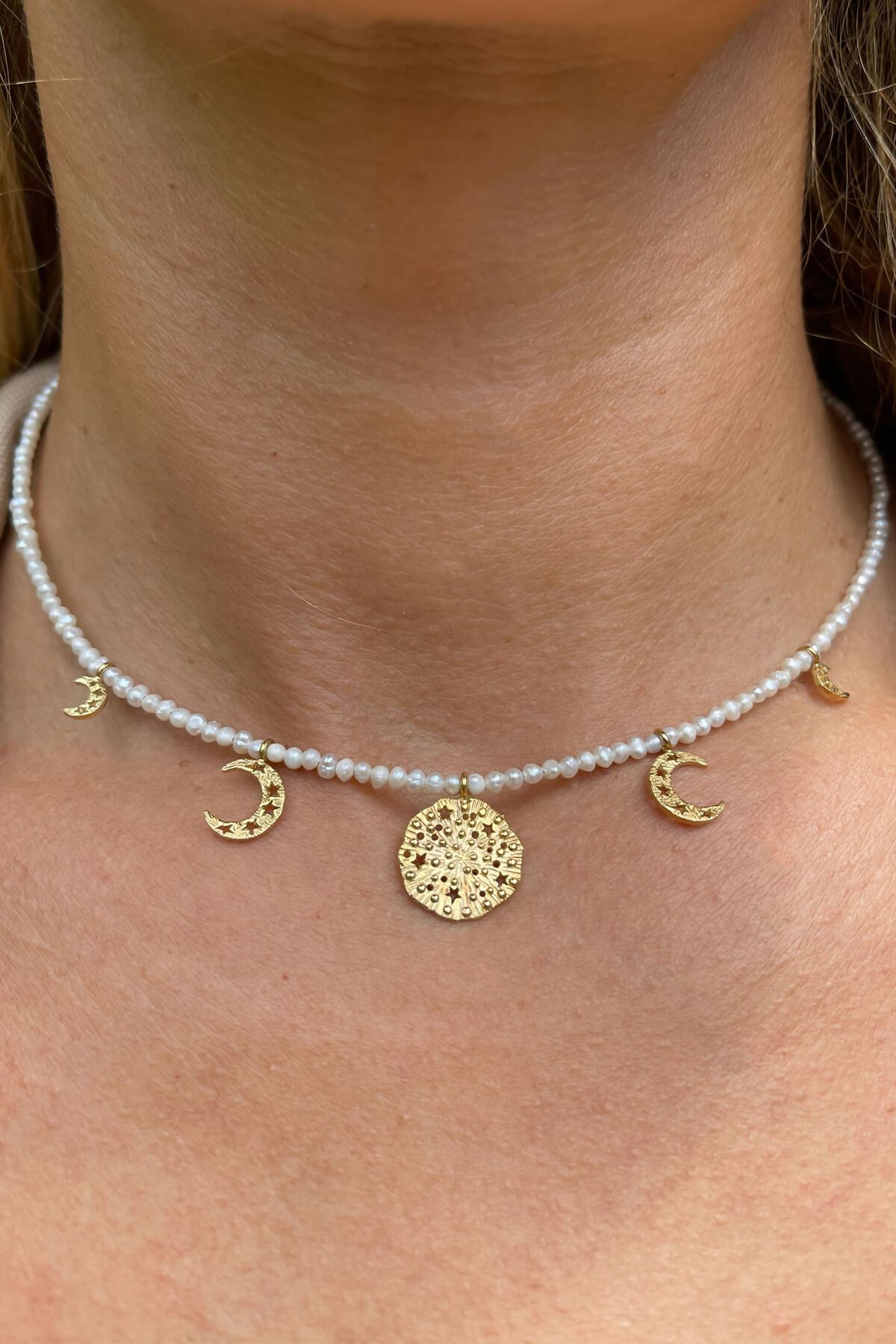 Moon Cycle Pearl Choker. Silver, Gold-Plated