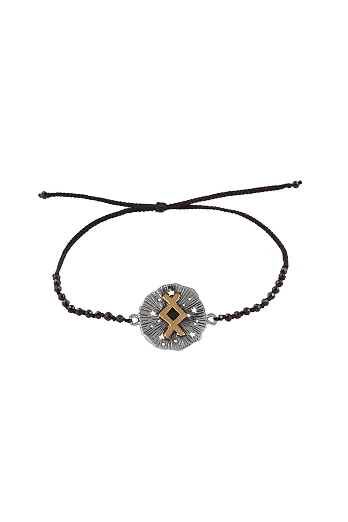 Inguz medallion bracelet with semiprecious stone beads. Silver, gold-plated, oxidized