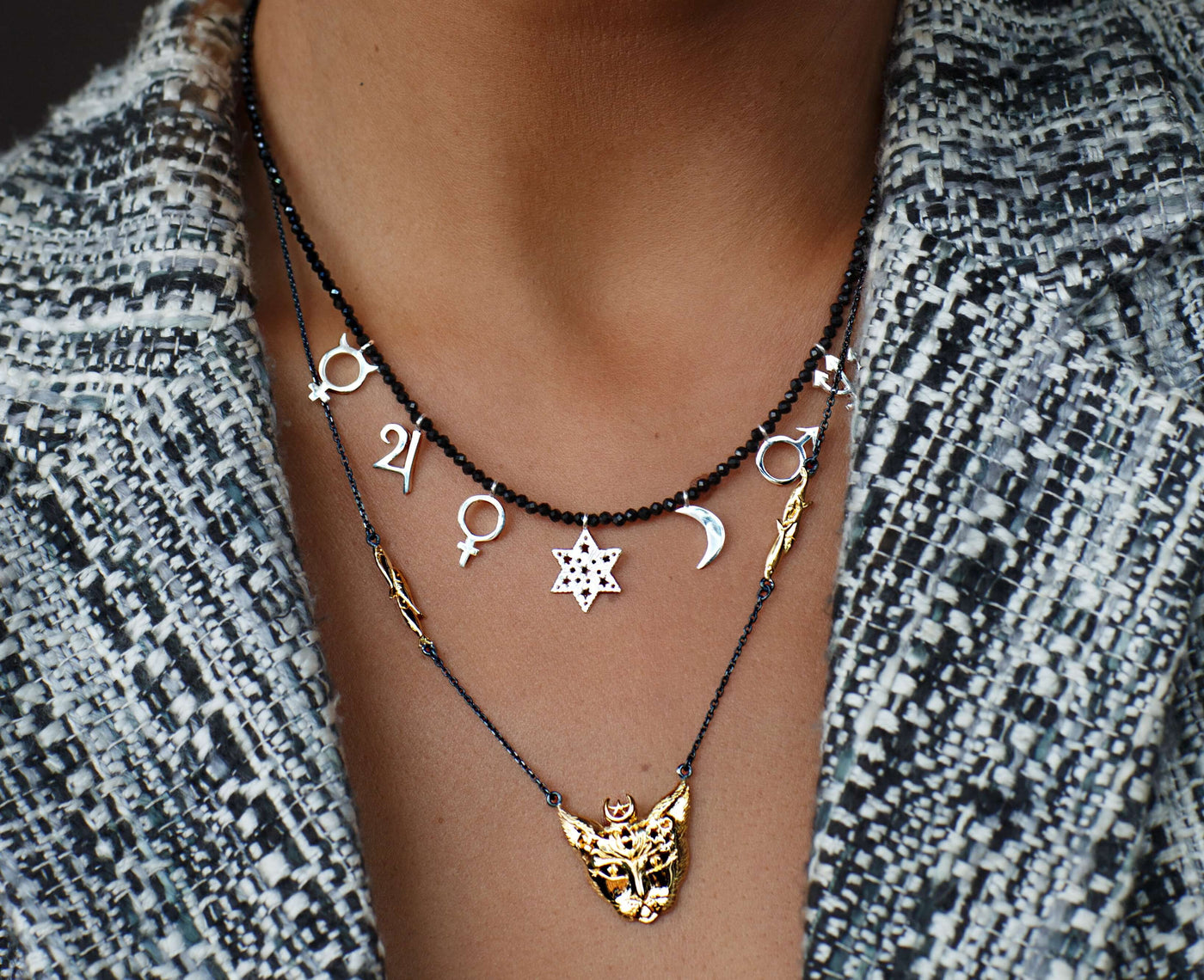 Bastet Goddess necklace. Silver, gold-plated, oxidized