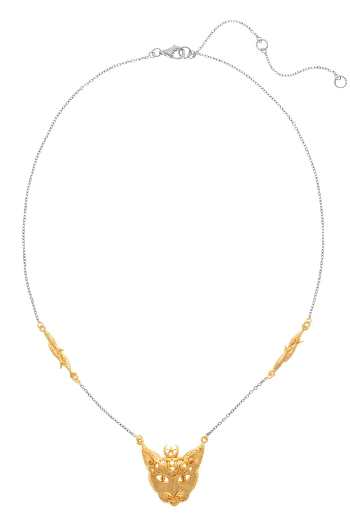 Bastet Goddess necklace. Silver, partly gold-plated