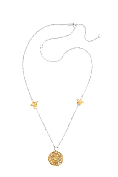Venus with 2 stars on the chain necklace. 46 cm. Silver, partly gold-plated