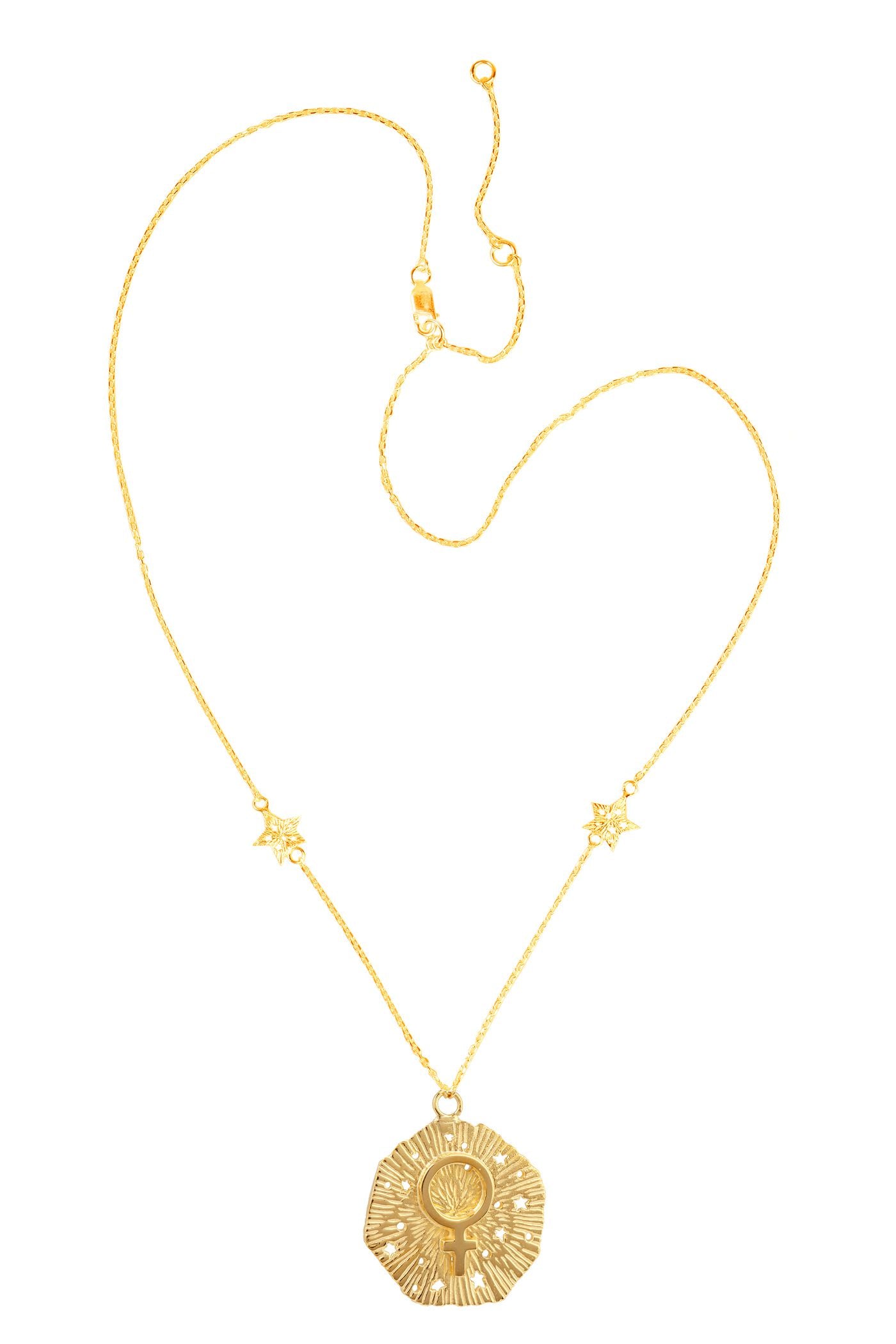 Venus with 2 stars on the chain necklace. 57 cm. Silver, gold-plated