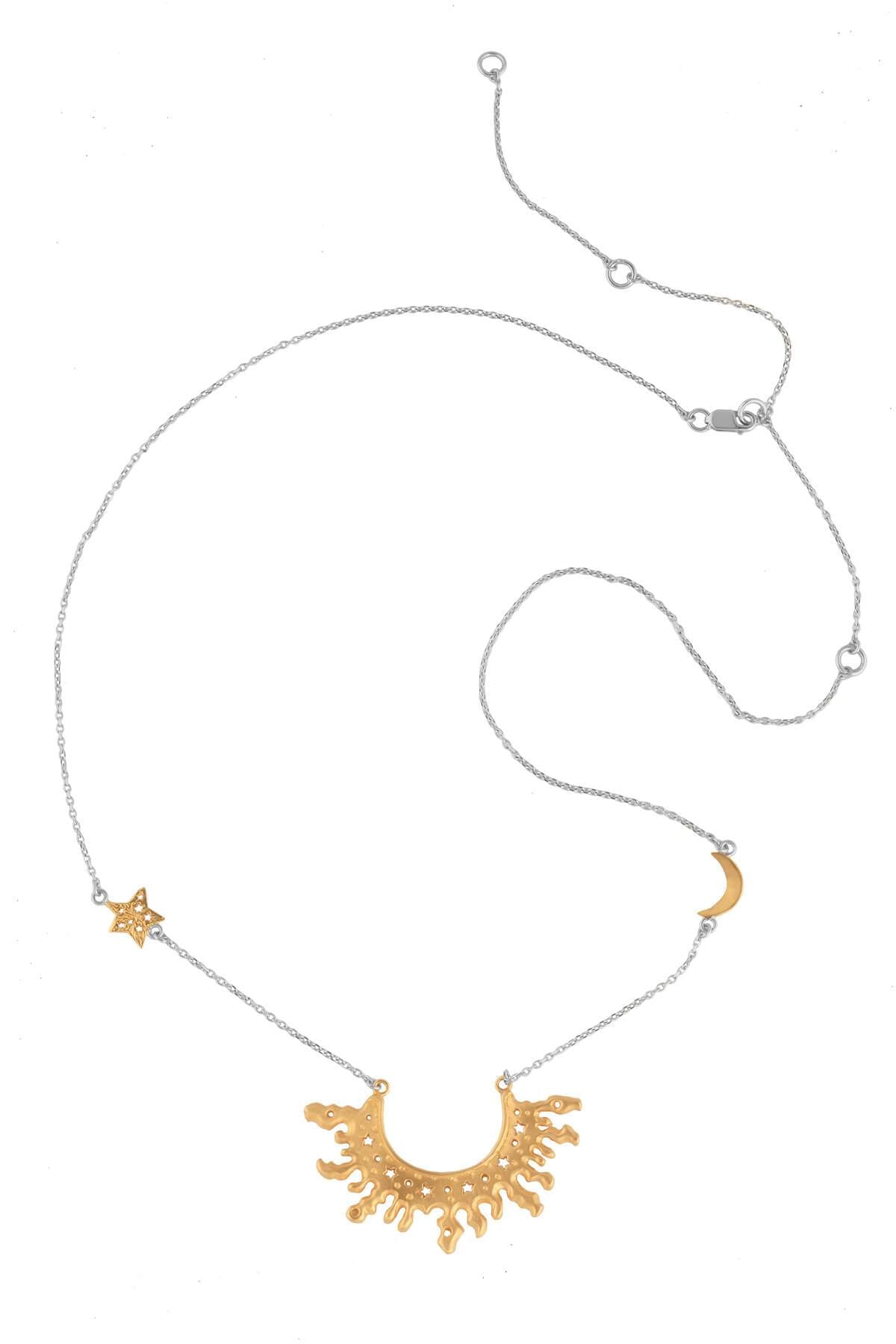 Half Sun with Star and Moon on the chain necklace. Silver, partly gold-plated