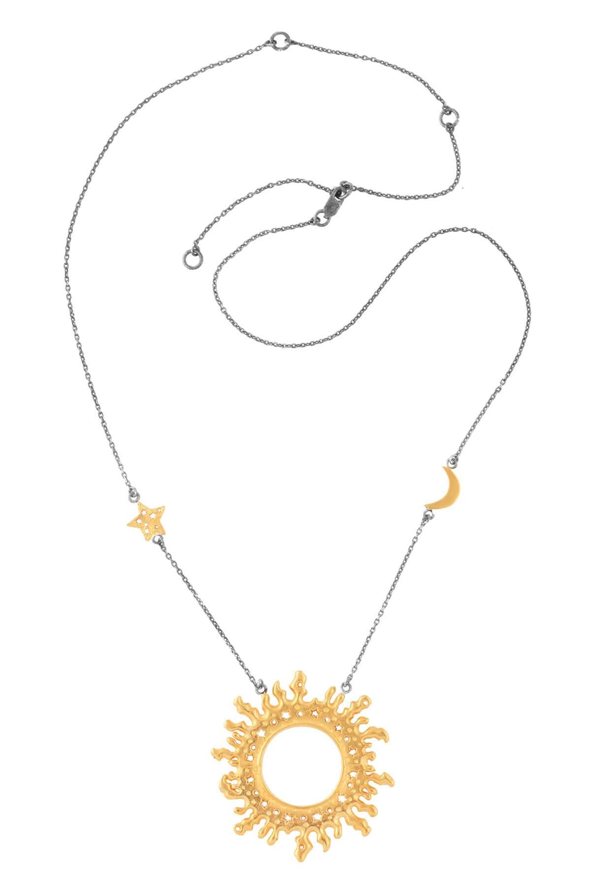 Sun with star and moon on the chain necklace. Silver, partly gold-plated