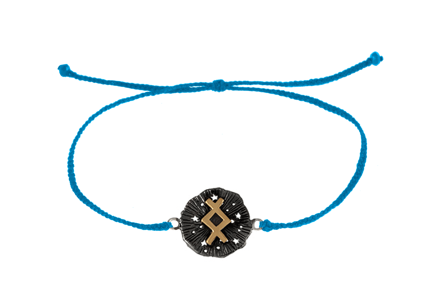 String bracelet with runic medallion amulet Inguz. Gold plated and oxide